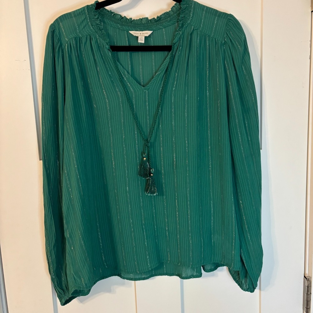 Women's Sheer Boho Style Peasant Top Long Sleeve Kelly Green w/ Gold Gypsy